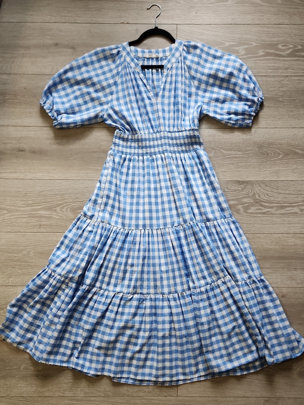 Feminine Picnic Core Gingham Smocked Tiered Buttermom Midi Dress Size M
